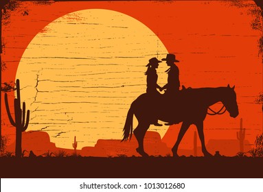 Silhouette of Cowboy Couple riding horse on a wooden sign, vector