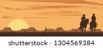 Silhouette of Cowboy couple riding horses at sunset, vector