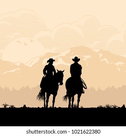 Silhouette of Cowboy couple riding horses at sunset, vector