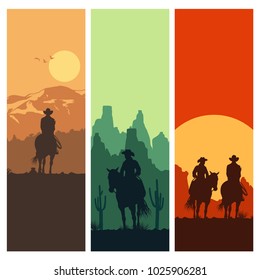 Silhouette of Cowboy couple riding horses at sunset, vector