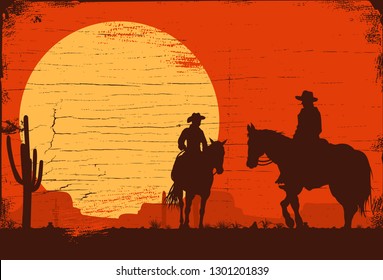 Silhouette of Cowboy Couple riding horses on a wooden sign, vector