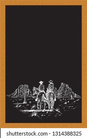 Silhouette of Cowboy Couple riding horses on a blackboard sign, vector