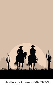 Silhouette of Cowboy Couple riding horses at sunset, vector