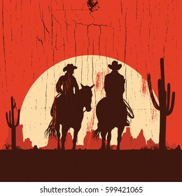 Silhouette of Cowboy Couple riding horses on a wooden sign, vector