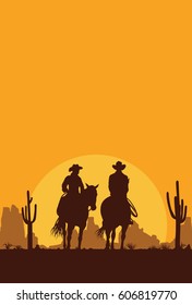 Silhouette de Cowboy Pareja montada a caballo al atardecer, vector