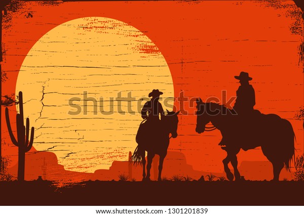 Silhouette Cowboy Couple Riding Horses On Stock Vector (Royalty Free ...