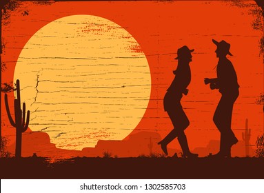 Silhouette of cowboy and cowgirl dancing at desert, Vector Illustration