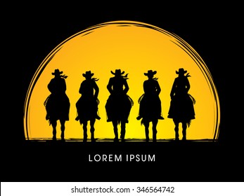 Silhouette, Cowboy Gangs on horse, designed on moonlight background graphic vector.