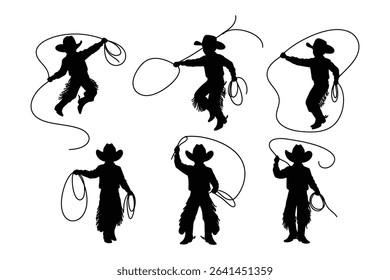 "Silhouette Cowboy Lasso Icons – Vector Set of Rodeo Western Rope Tricks and Cowboy Poses"

