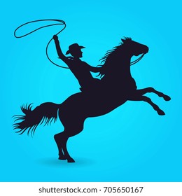 Silhouette of cowboy with lasso riding on horse. Silhouette of male rider cowboy with lasso. Vector illustration