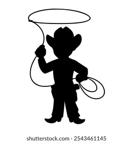 Silhouette of a Cowboy with Lasso. This is a simple yet striking black silhouette illustration of a cowboy holding a lasso. The cowboy figure is shown in a dynamic stance.