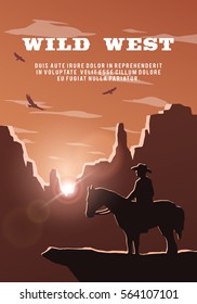 Silhouette of cowboy on the background of the wild west. Poster vector background.