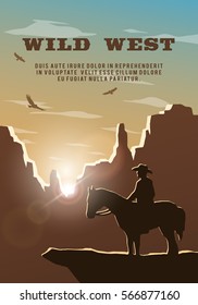 Silhouette of cowboy on the background of the wild west. Poster, vector background.