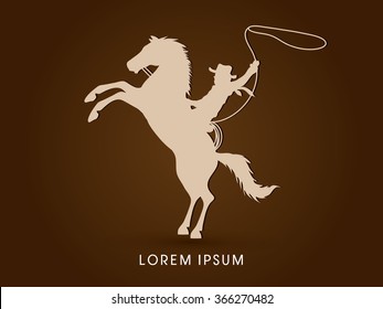 Silhouette, Cowboy on bucking horse with lasso graphic vector.