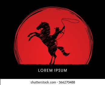 Silhouette, Cowboy on bucking horse with lasso, designed using grunge brush on grunge sunset background graphic vector.