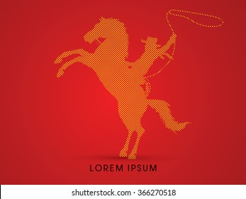 Silhouette, Cowboy on bucking horse with lasso, designed using dot graphic vector.