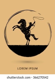 Silhouette, Cowboy On Bucking Horse With Lasso, Designed Using Grunge Brush Graphic Vector.