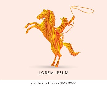 Silhouette, Cowboy on bucking horse with lasso, designed using line fire grunge brush graphic vector.