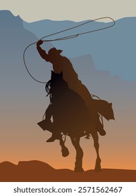 silhouette of a cowboy on a horse. The cowboy holds a lasso in his hand. In the background is a desert landscape with mountains in the distance. The sky is orange and blue. 