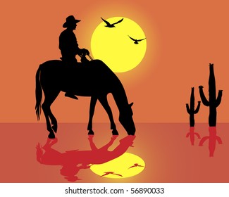 Silhouette Of The Cowboy On A Horse In An Orange Background