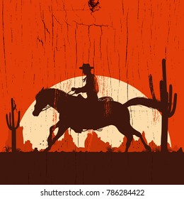 Silhouette of cowboy on running horse on a wooden sign, vector