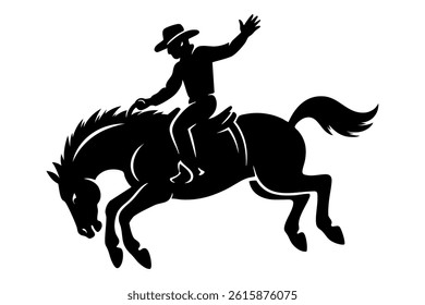 Silhouette of a cowboy riding a bucking horse with one hand in the air on a white background