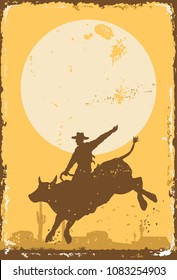 Silhouette of a cowboy riding bull at sunset on a tin sign, vector