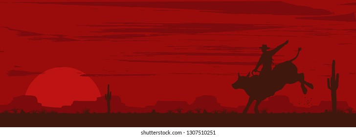 Silhouette of a cowboy riding bull at sunset, vector