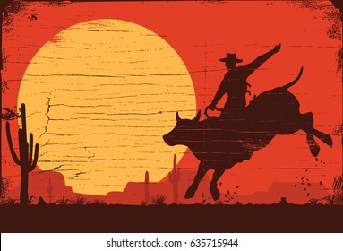 Silhouette of a cowboy riding bull at sunset on a wooden sign, vector