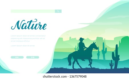 Silhouette of cowboy riding a horse against green landscape with big cactuses, rocks. Adventure seeker, horseman in Wild West. Charro in Mexico. Vector template for banner, poster, web page.