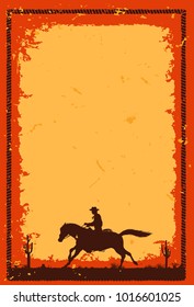 Silhouette of a cowboy riding horse at sunrise, vector
