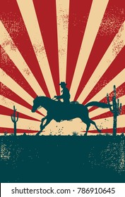 Silhouette of a cowboy riding horse at sunrise, vector