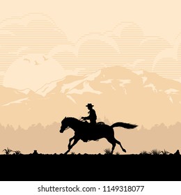 Silhouette of a cowboy riding horse at sunset, Vector Illustration