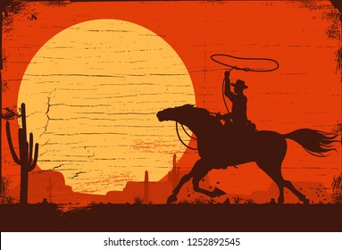 Silhouette of a cowboy riding horse at sunset on a wooden sign, vector