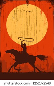 Silhouette of a cowboy riding horse at sunset on a wooden sign, vector