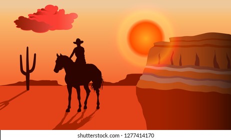 Silhouette of a cowboy riding a horse at sunset - vector illustration. Equestrian theme background in western style. Horseback concept.