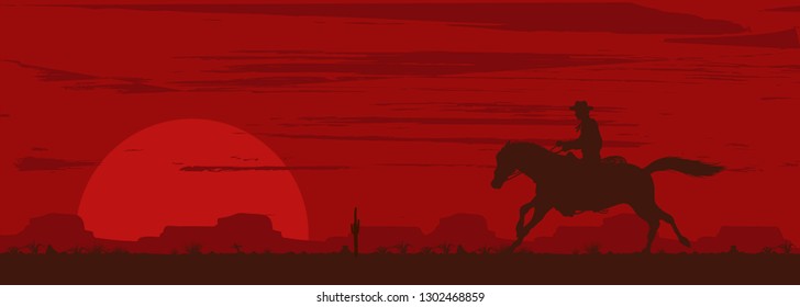 Silhouette of a cowboy riding horse at sunset, Vector Illustration