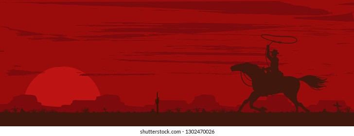 Silhouette of a cowboy riding horse at sunset