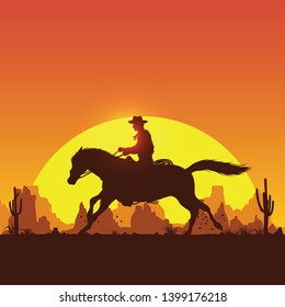 Silhouette of a cowboy riding horse at sunset, Vector Illustration