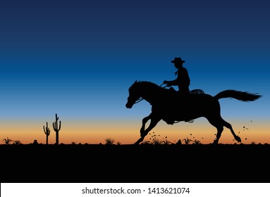 Silhouette of a cowboy riding horse at sunset, vector