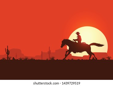 Silhouette of a cowboy riding horse at sunset, vector