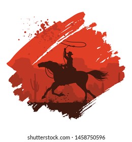 Silhouette of a cowboy riding horse at sunset, vector