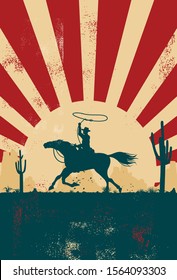 Silhouette of a cowboy riding horse at sunset, vector