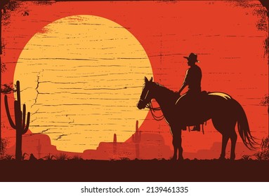 Silhouette of cowboy riding horse at sunset on a wooden sign, vector