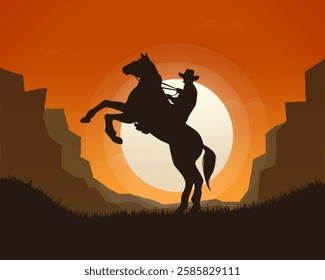 Silhouette of a cowboy riding a horse through a canyon, with a sunset view