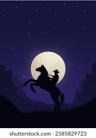 Silhouette of a cowboy riding a horse through a canyon, with a beautiful view of the moon. horseman illustration