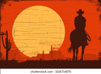 Silhouette of Cowboy riding horses at sunset, vector
