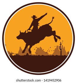 Silhouette of a cowboy riding a wild bull in  a circle shape, vector