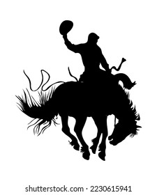 Silhouette of cowboy riding wild horse and holding his hat. Traditional Texas symbol. Wild west concept. Vector black illustration isolated on white background.