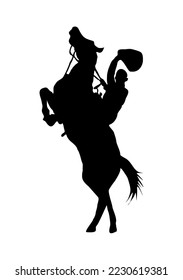 Silhouette de vaquero montando caballo salvaje y sosteniendo sombrero. Símbolo tradicional de Texas. Concepto de la zona salvaje occidental. Ilustración negra vectorial aislada en fondo blanco.